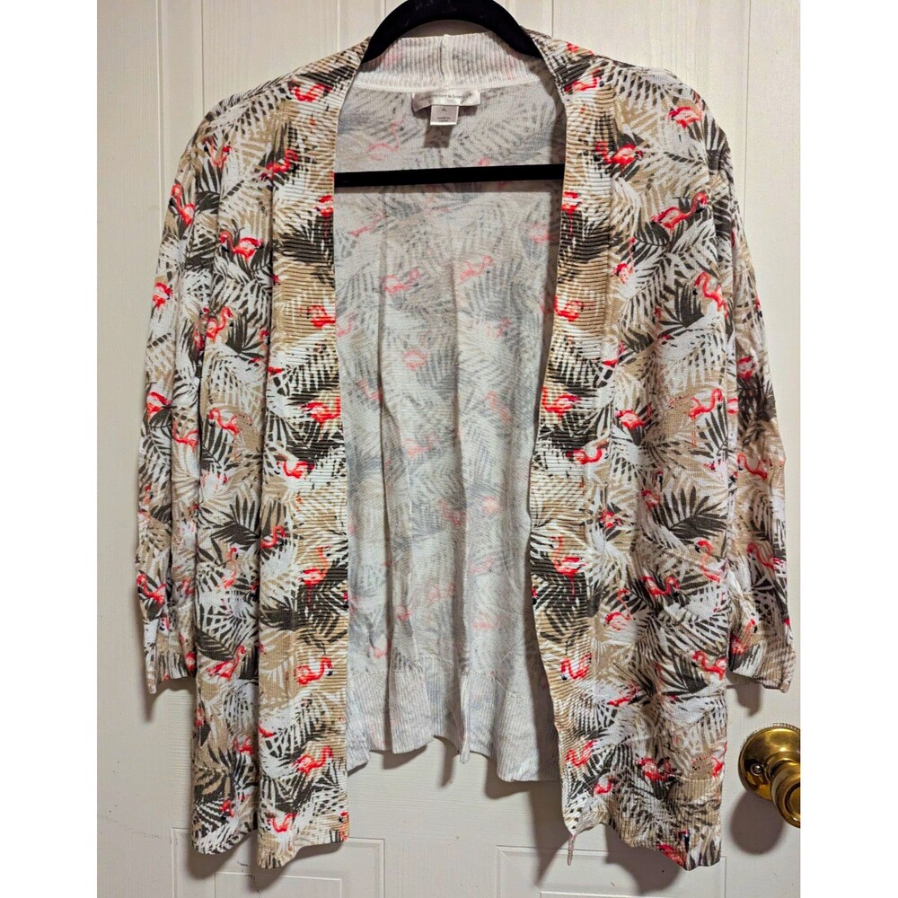 Christopher & Banks Women XL Open Front Tropical Flamingo Floral V-Neck Cardigan